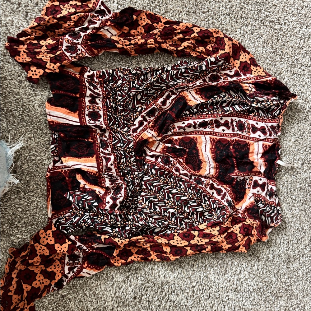 Free People Red and Orange Ruffled Tie Front Blouse